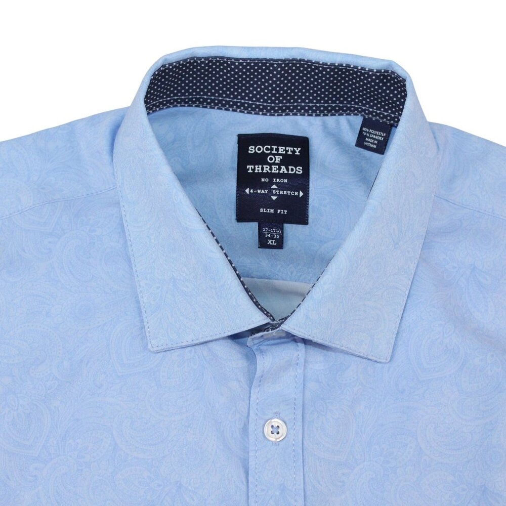 Society Of Threads Mens XL Slim Fit Stretch Blue Paisley Dress Shirt - Picture 6 of 14